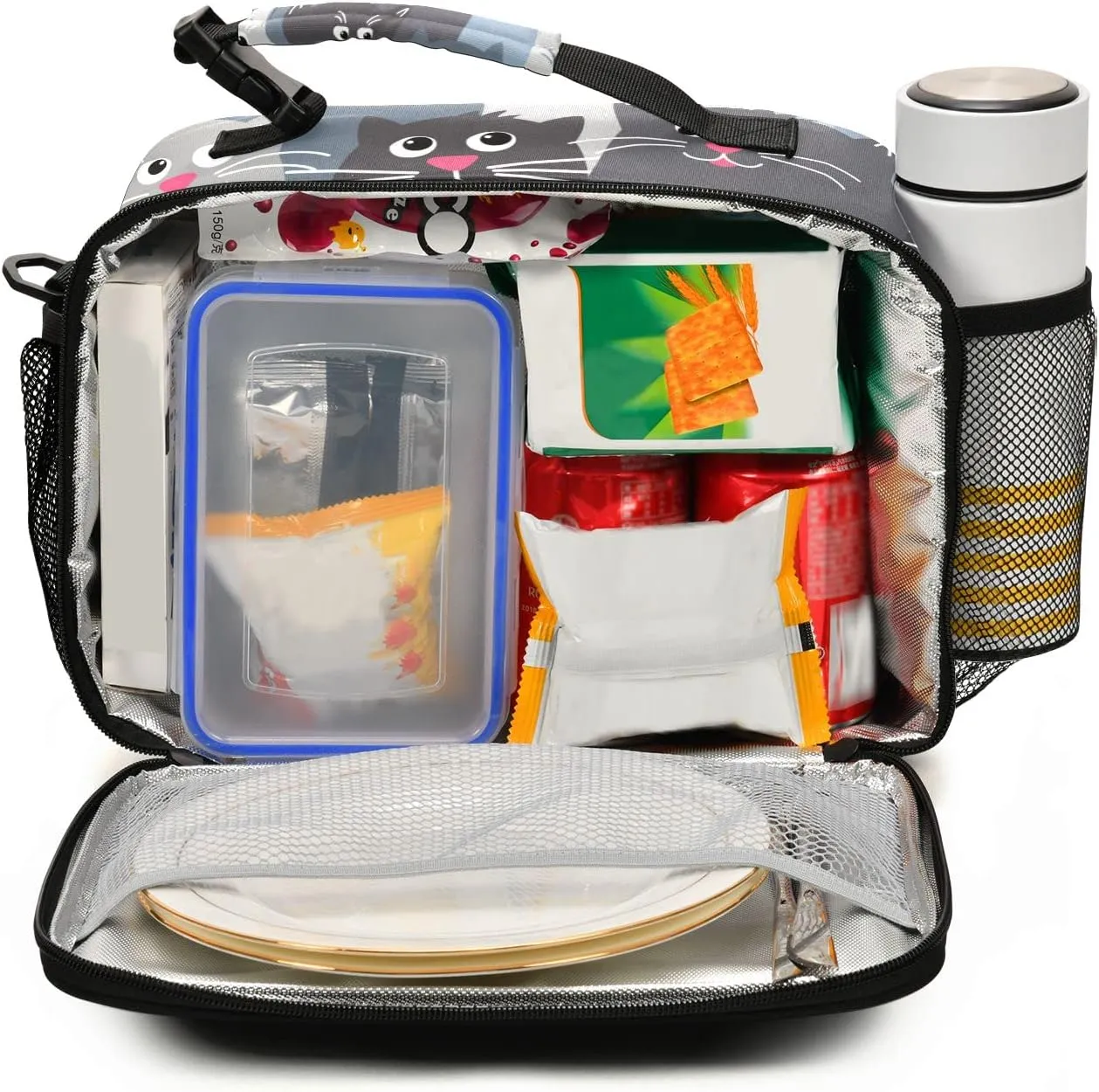 Naanle Funny Grey Cats Lunch Bag with Adjustable Shoulder Strap Insulated Leakproof Tote Bag Picnic Box Double Zippers Wide Open Lunch Container Bag for Office Work School Home