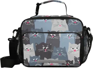 Naanle Funny Grey Cats Lunch Bag with Adjustable Shoulder Strap Insulated Leakproof Tote Bag Picnic Box Double Zippers Wide Open Lunch Container Bag for Office Work School Home