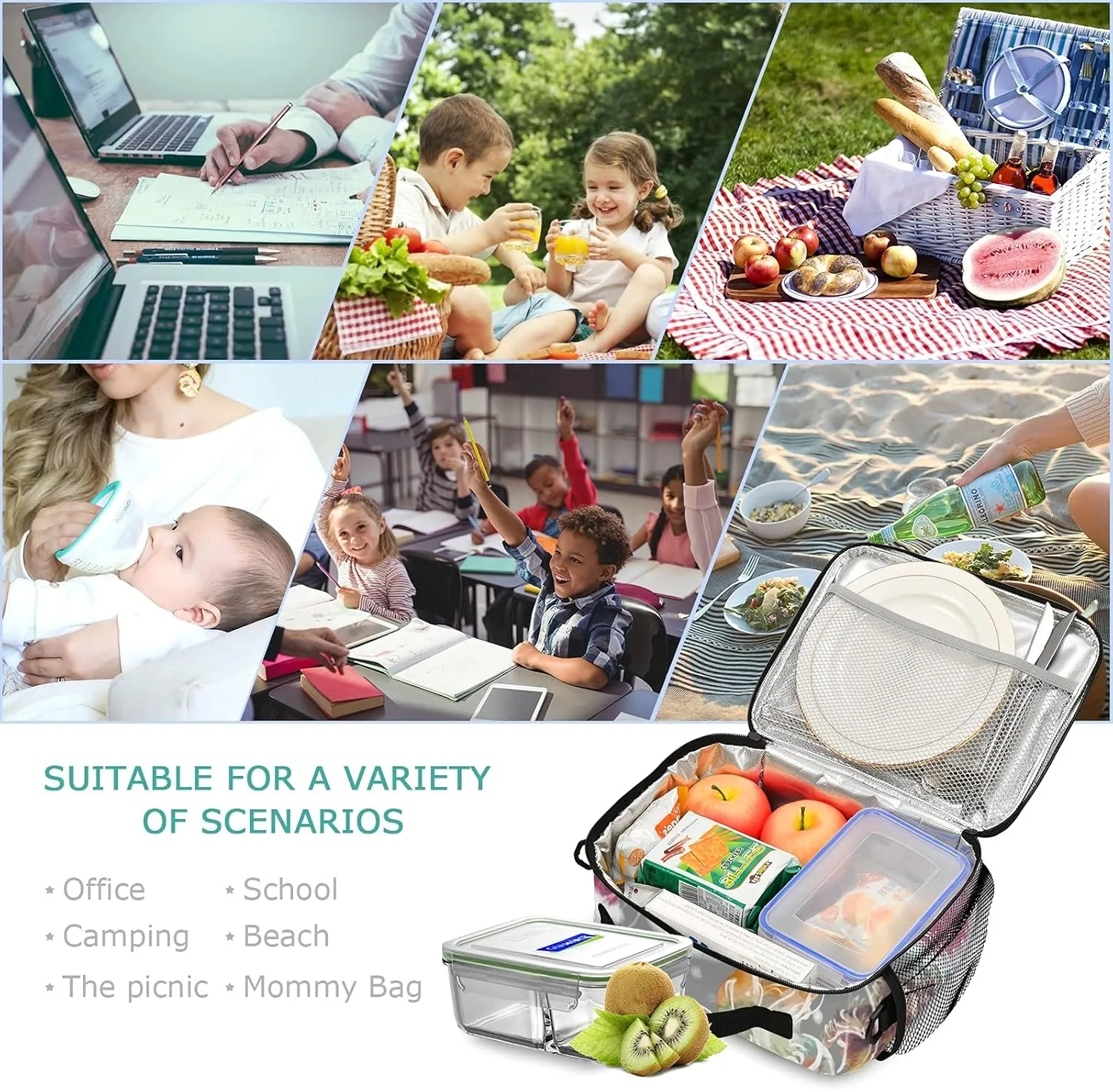 Naanle Watercolor Colorful Jellyfish Lunch Bag with Adjustable Shoulder Strap Insulated Leakproof Tote Bag Picnic Box Double Zippers Wide Open Lunch Container Bag for Office Work School Home