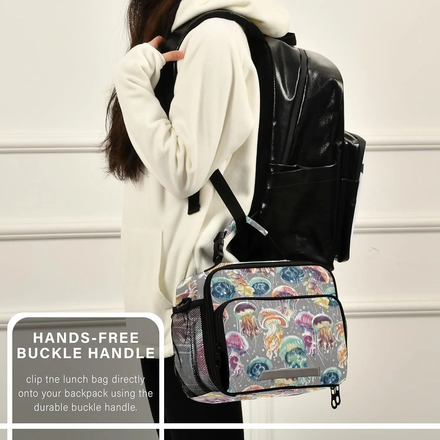 Naanle Watercolor Colorful Jellyfish Lunch Bag with Adjustable Shoulder Strap Insulated Leakproof Tote Bag Picnic Box Double Zippers Wide Open Lunch Container Bag for Office Work School Home
