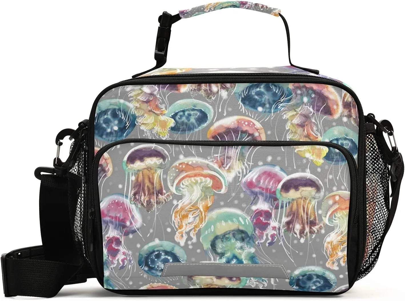 Naanle Watercolor Colorful Jellyfish Lunch Bag with Adjustable Shoulder Strap Insulated Leakproof Tote Bag Picnic Box Double Zippers Wide Open Lunch Container Bag for Office Work School Home
