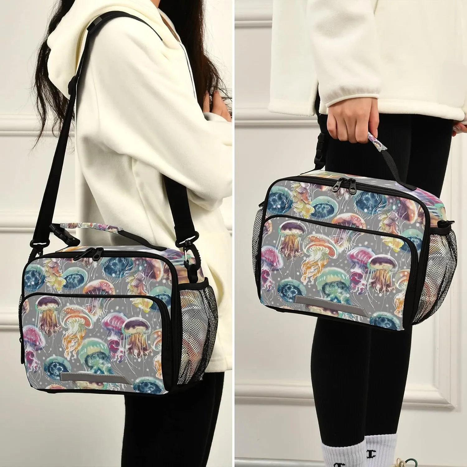 Naanle Watercolor Colorful Jellyfish Lunch Bag with Adjustable Shoulder Strap Insulated Leakproof Tote Bag Picnic Box Double Zippers Wide Open Lunch Container Bag for Office Work School Home
