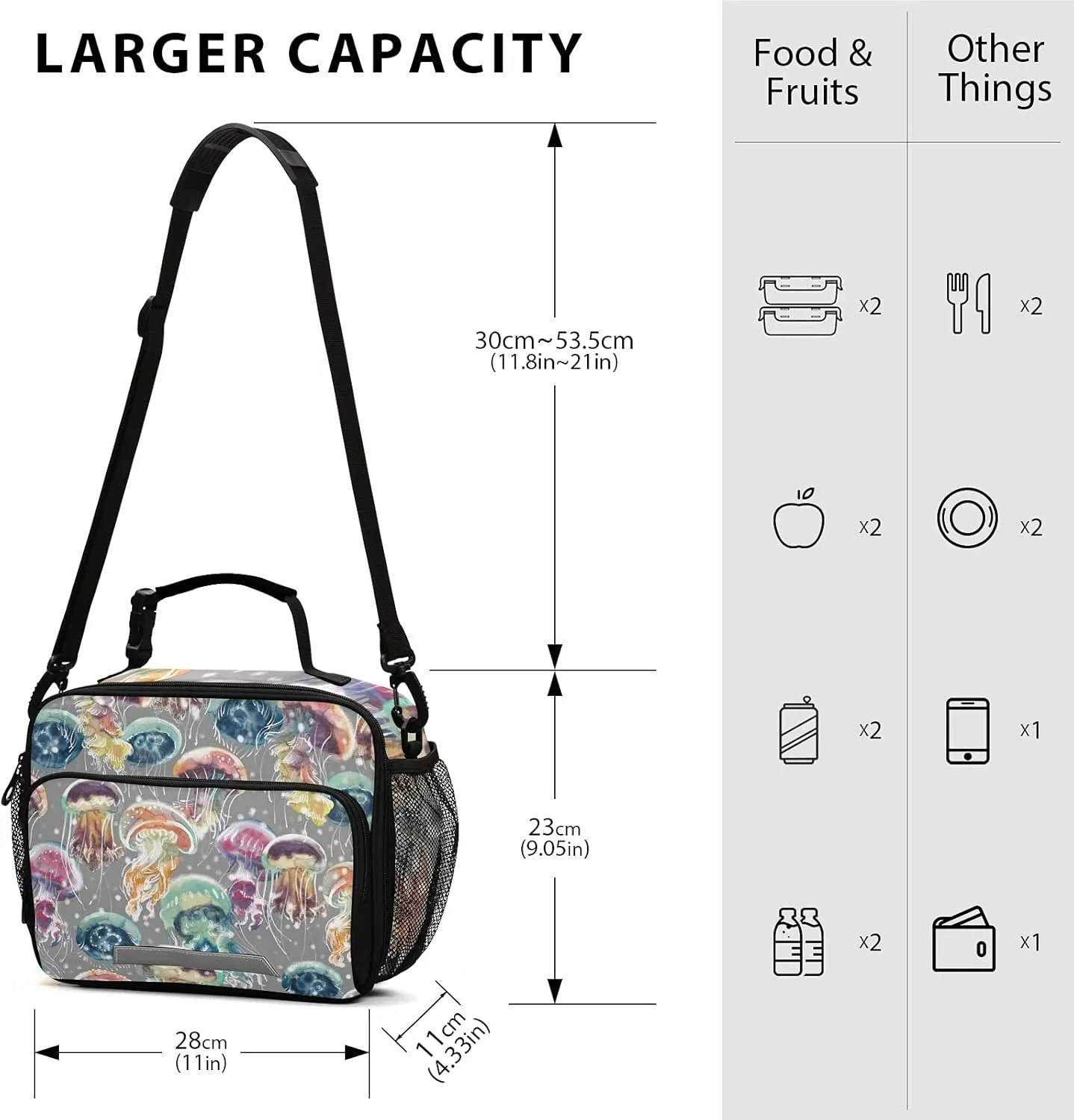 Naanle Watercolor Colorful Jellyfish Lunch Bag with Adjustable Shoulder Strap Insulated Leakproof Tote Bag Picnic Box Double Zippers Wide Open Lunch Container Bag for Office Work School Home