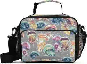 Naanle Watercolor Colorful Jellyfish Lunch Bag with Adjustable Shoulder Strap Insulated Leakproof Tote Bag Picnic Box Double Zippers Wide Open Lunch Container Bag for Office Work School Home