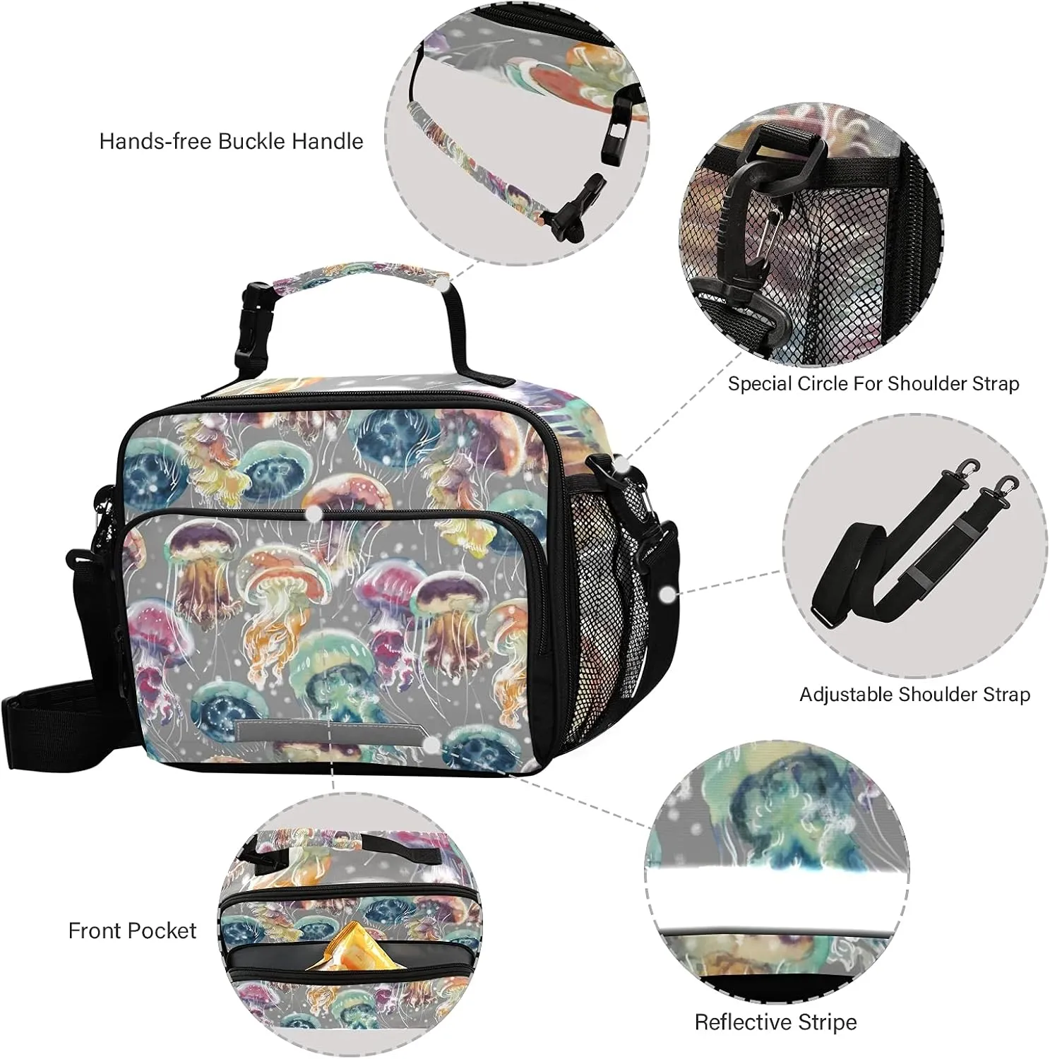 Naanle Watercolor Colorful Jellyfish Lunch Bag with Adjustable Shoulder Strap Insulated Leakproof Tote Bag Picnic Box Double Zippers Wide Open Lunch Container Bag for Office Work School Home