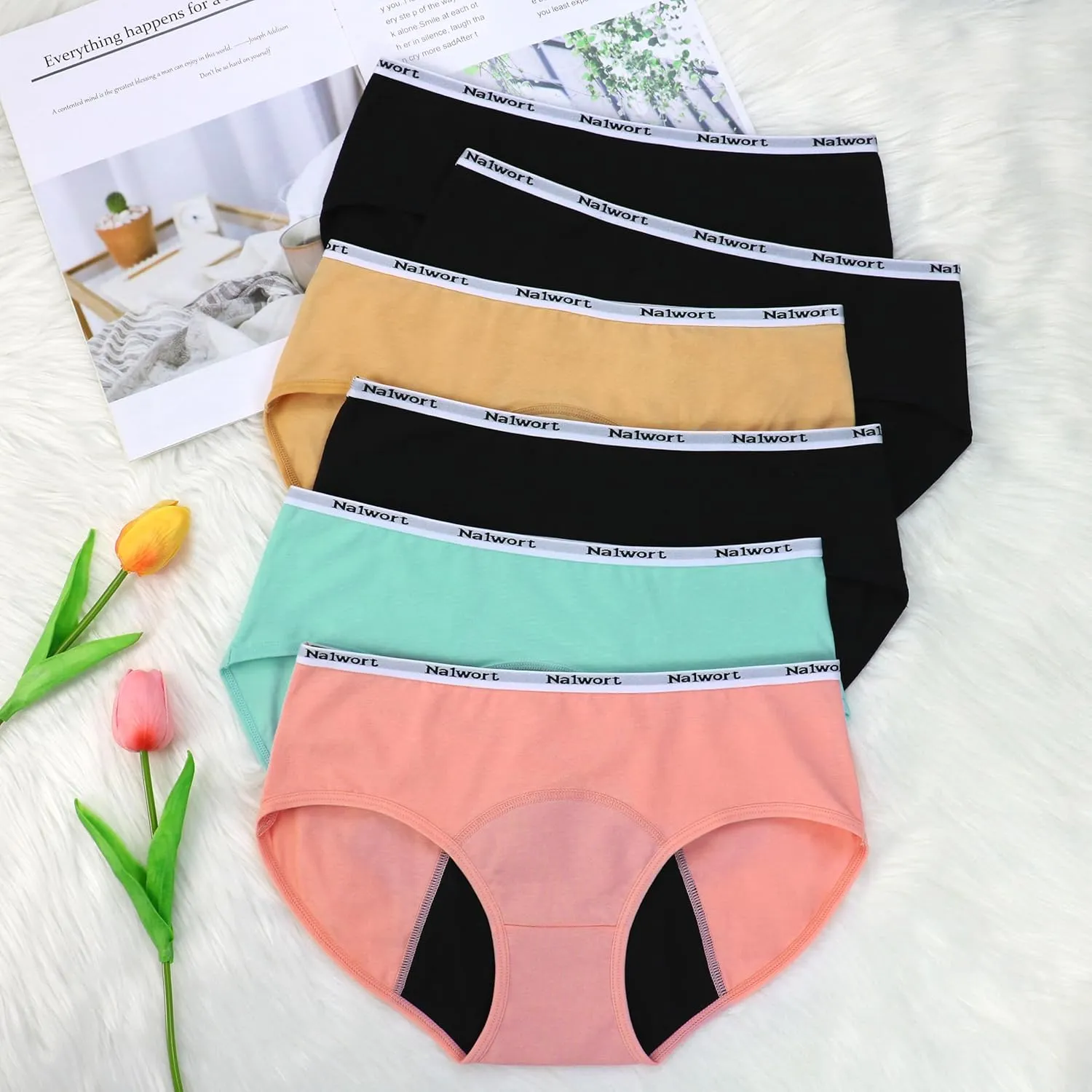 Nalwort Teen Girls Period Underwear Menstrual Period Panties Leak-Proof Cotton Protective Briefs Pack of 6