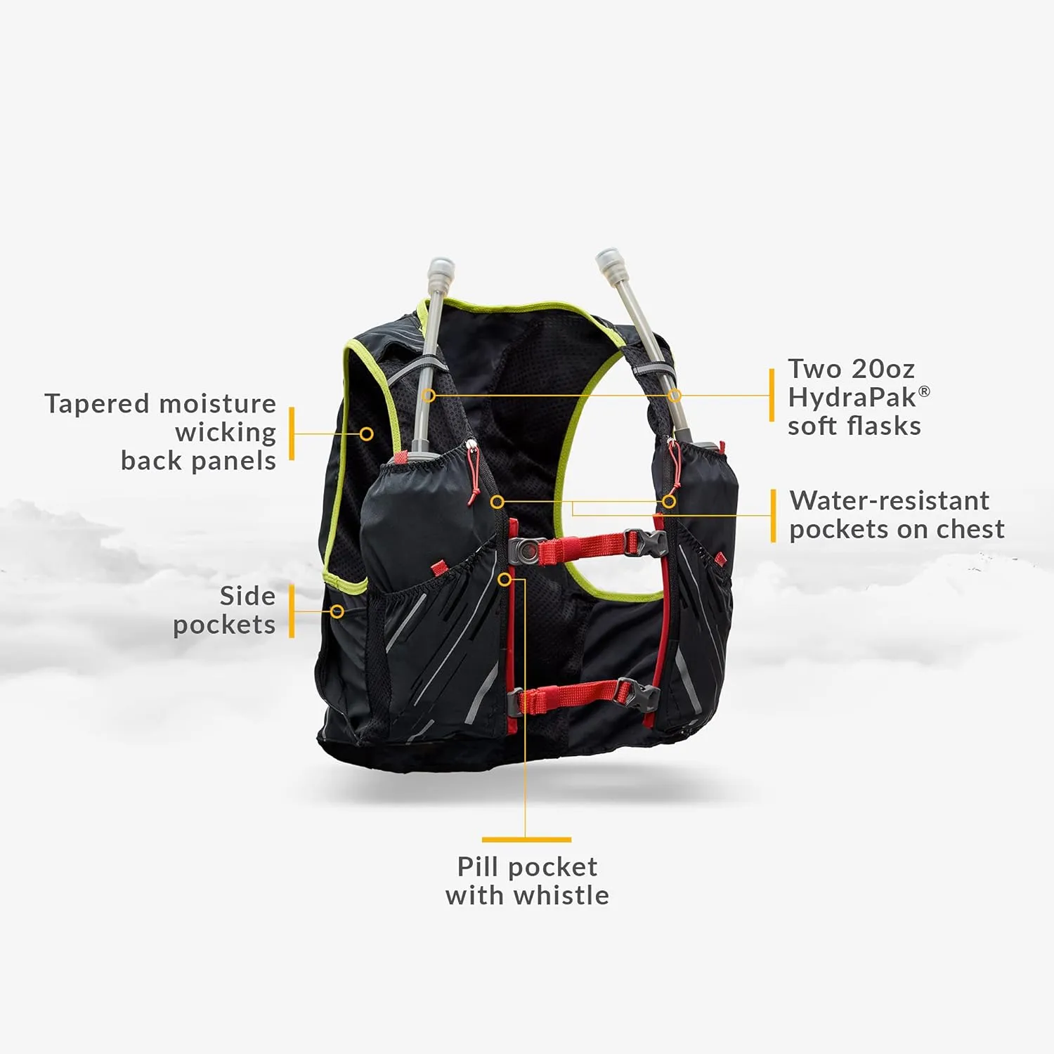 Nathan Hydration Race Vest. 4L Pinnacle Hydration Pack with Two 20oz Hydration Soft Flask, Water-Resistant Pockets, Lightweight & Moisture Wicking