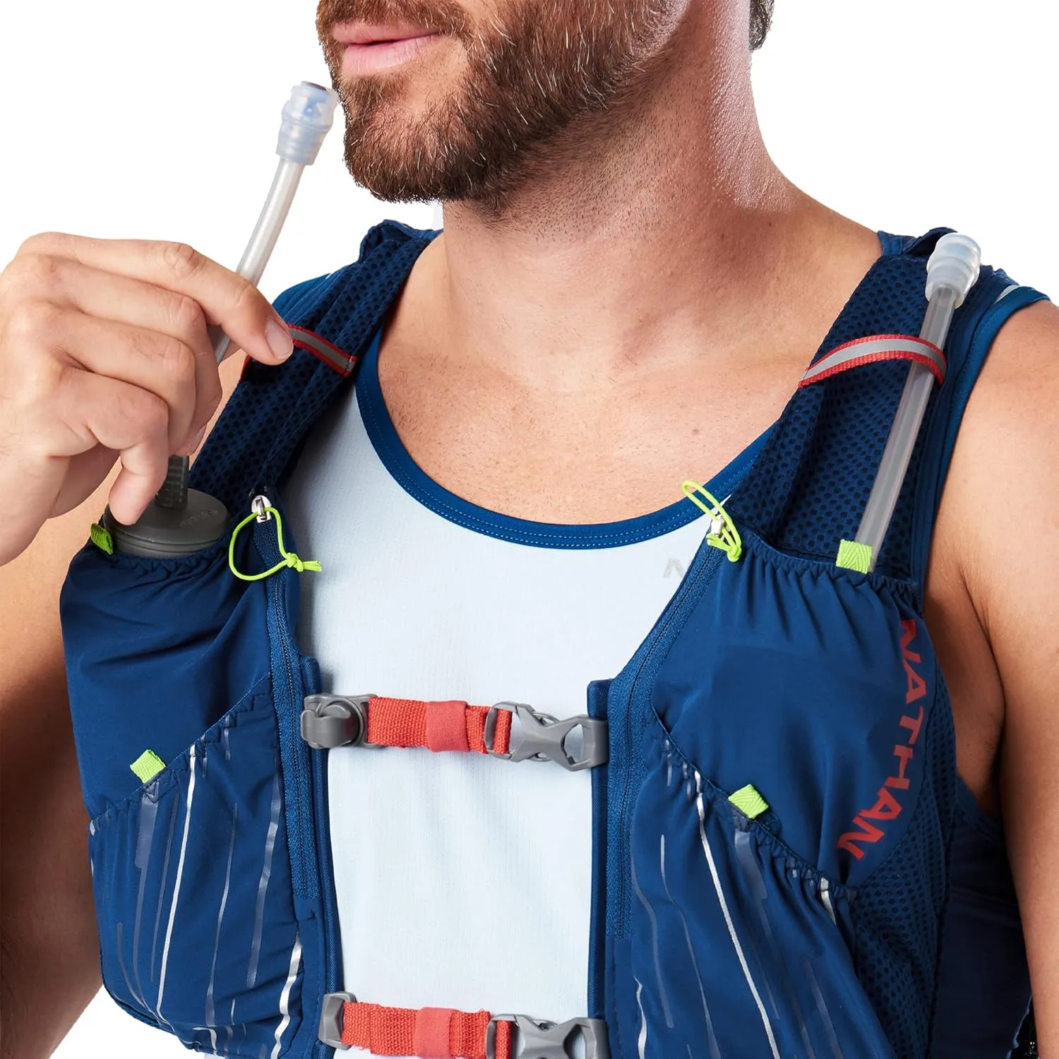 Nathan Men's Pinnacle 12L Hydration Race Vest with 4L Hydration Pack. Two 20oz Hydration Soft Flask, Water-Resistant Pockets, Lightweight & Moisture Wicking