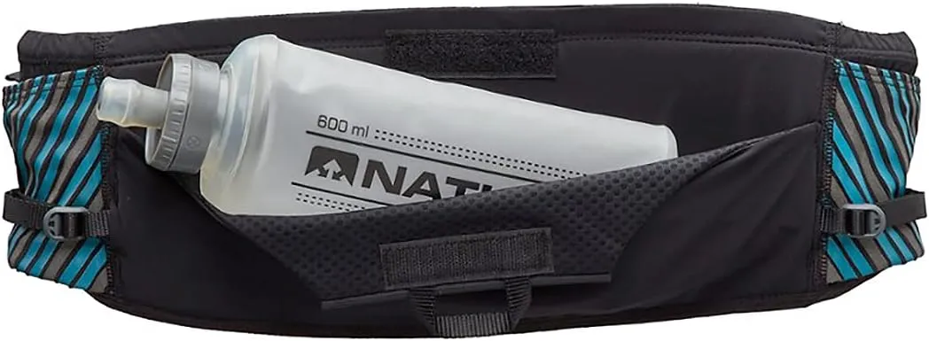 Nathan Running Belt Pinnacle Hydration Waistbelt/WaistPack. Includes Soft Flask, Storage, Zipper Pocket. For Running, Hiking Fanny Pack. No Bounce! (Black/Blue Me Away, S/M)