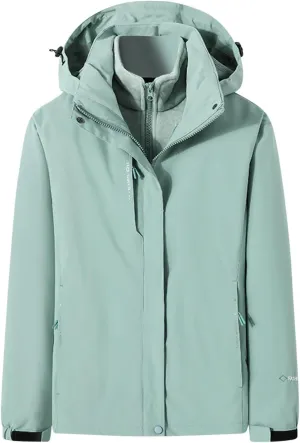 NATHGAM Women's Waterproof Hiking Skiing Jacket 3 in 1 with Removable Hood Coat Thicken Fleece Lined Winter Warm Rain Coat