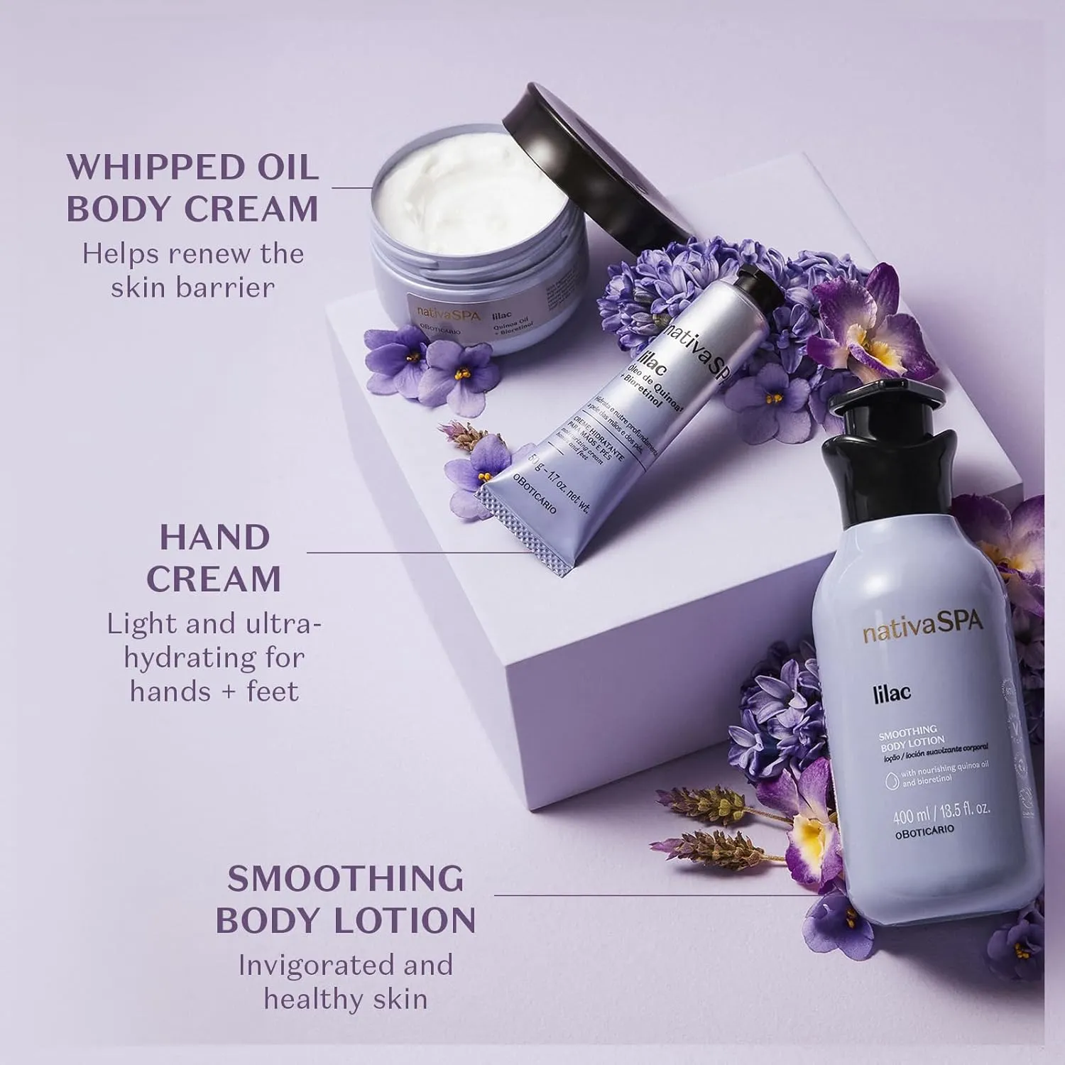 Nativa SPA by O Boticário, Lilac Smoothing Body Lotion with Nourishing Quinoa Oil   BioRetinol, Fragranced Skin Moisturizer, 13.5 Ounce