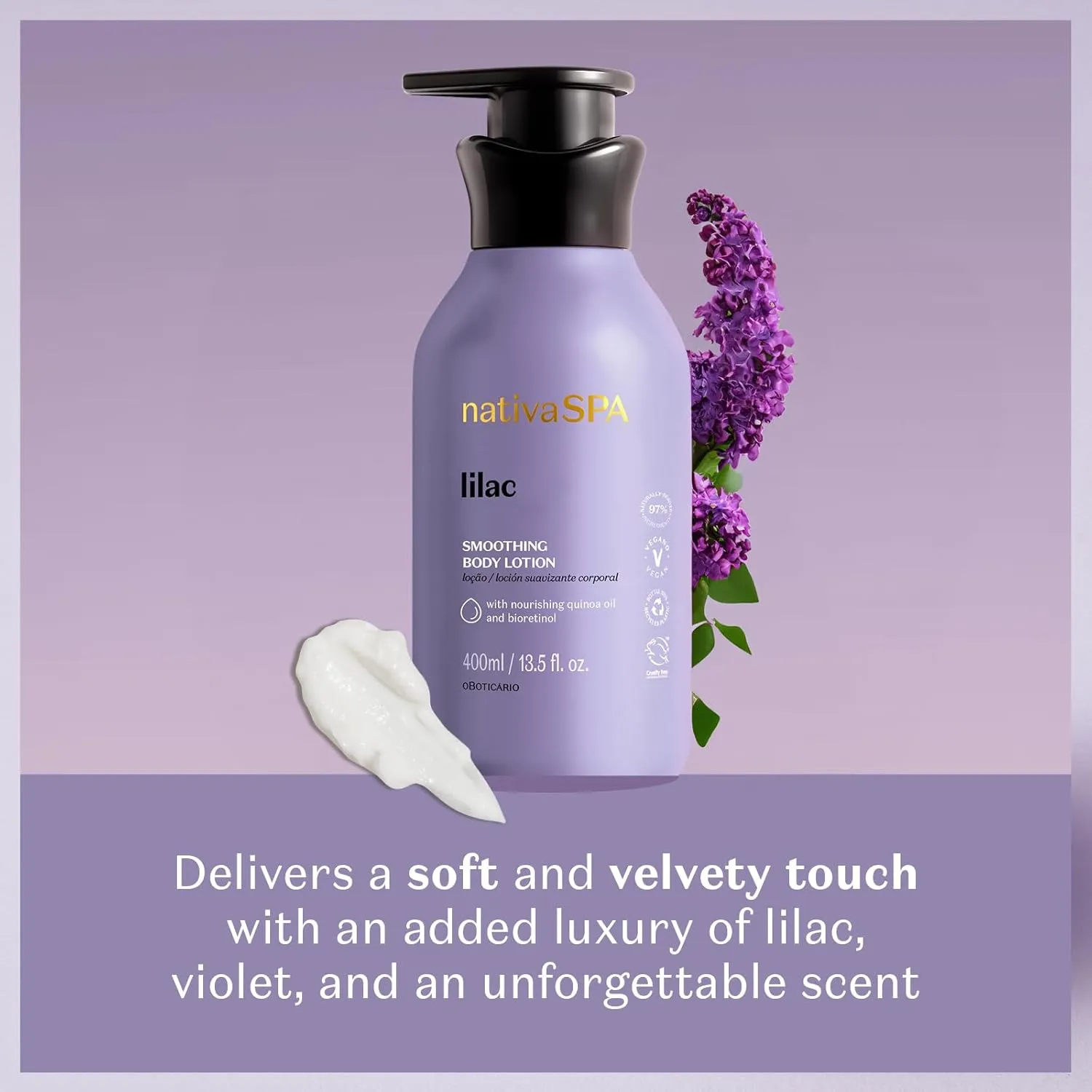 Nativa SPA by O Boticário, Lilac Smoothing Body Lotion with Nourishing Quinoa Oil   BioRetinol, Fragranced Skin Moisturizer, 13.5 Ounce