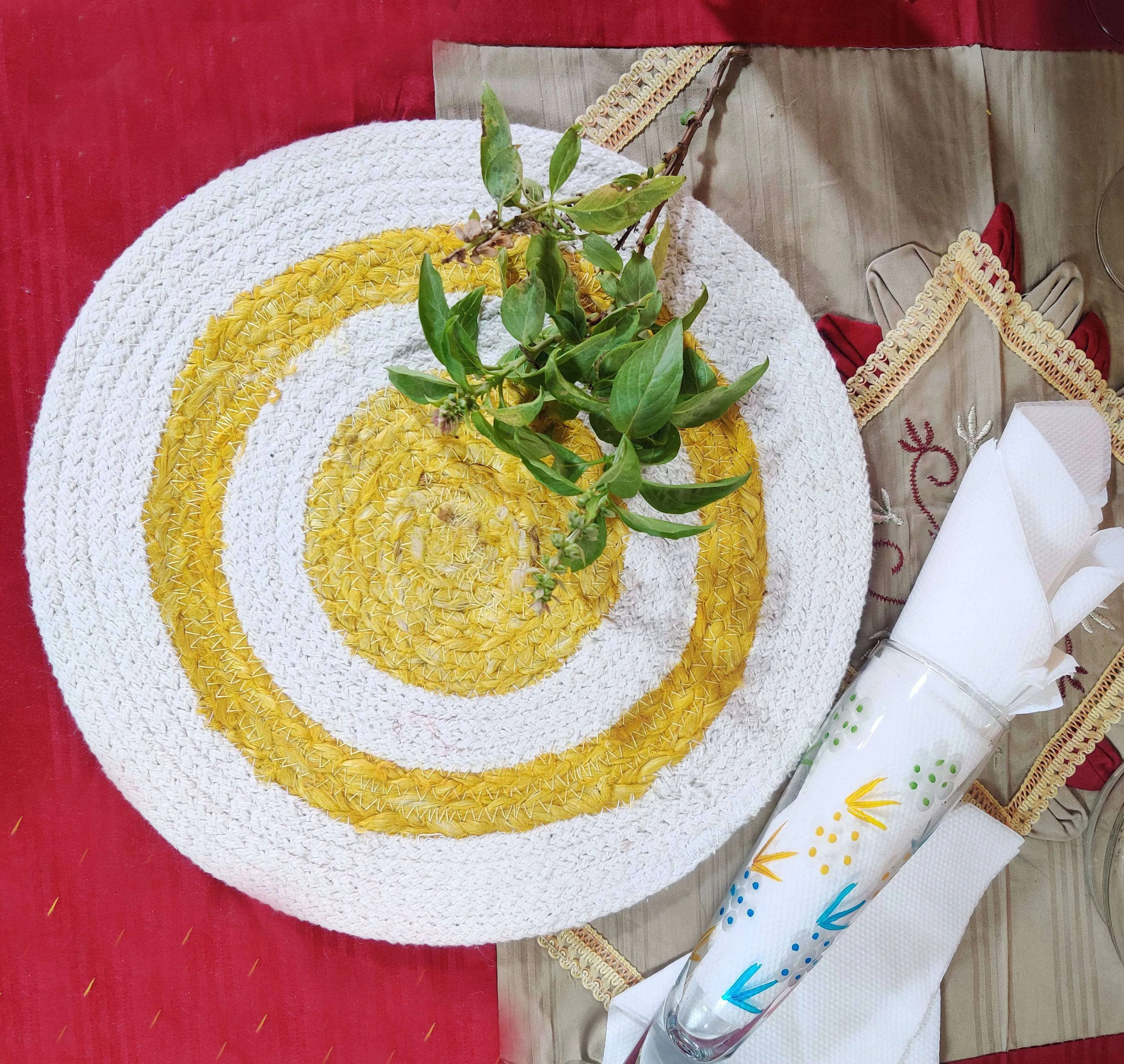 Natural Jute Beige White & Yellow Table Mat / Dinning Mat / Placemat (Set of 6)