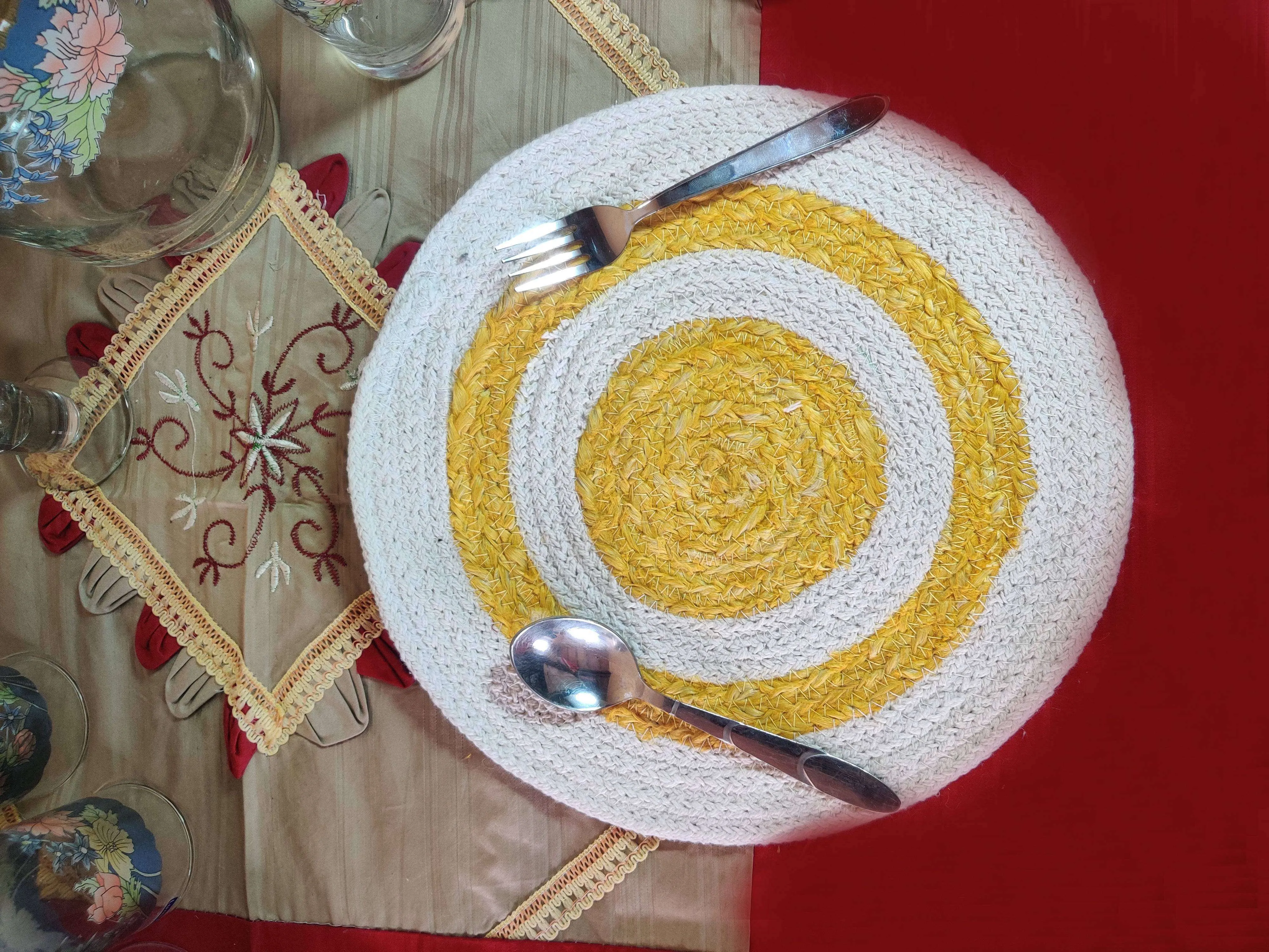 Natural Jute Beige White & Yellow Table Mat / Dinning Mat / Placemat (Set of 6)
