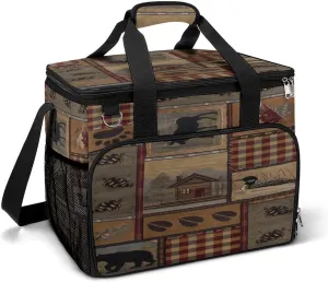 Natural Rustic Cabin Wild Lodge Check Plaid Pattern Cooler Bag, Collapsible Soft Sided Cooler, Large Leakproof Camping Cooler, Portable Travel Cooler for Camping, Road Trips