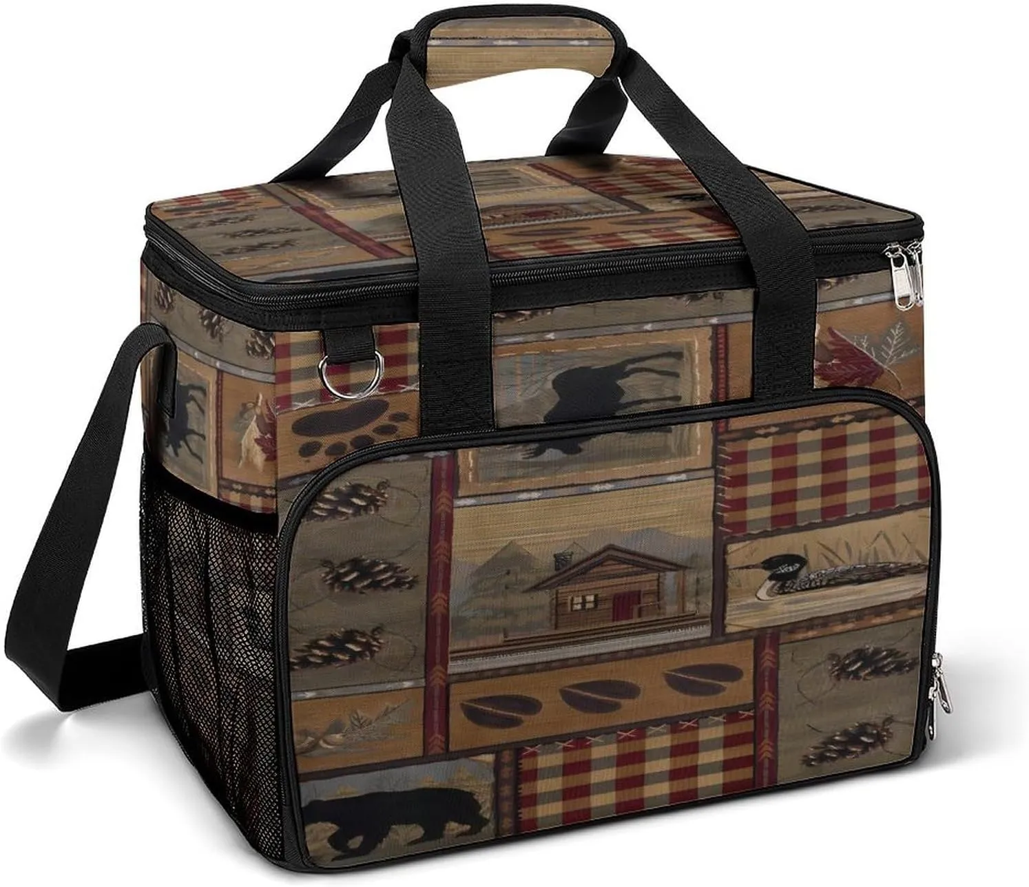 Natural Rustic Cabin Wild Lodge Check Plaid Pattern Cooler Bag, Collapsible Soft Sided Cooler, Large Leakproof Camping Cooler, Portable Travel Cooler for Camping, Road Trips