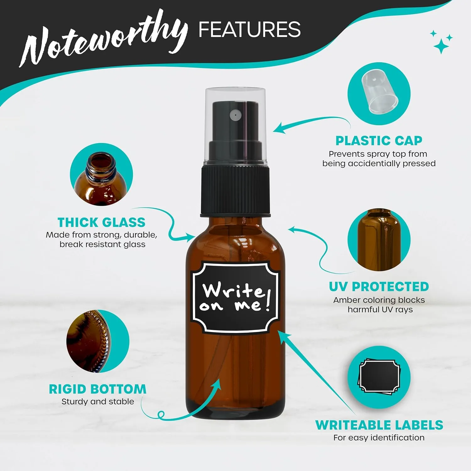 Nevlers 1oz Amber Glass Spray Bottles for Essential Oils 48 Pack | Ultra Fine Mist Spray Bottle for Face, Hair & Body | Travel Perfume Atomizer Set with Shrink Wrap, Labels, Marker, Funnel & Brush