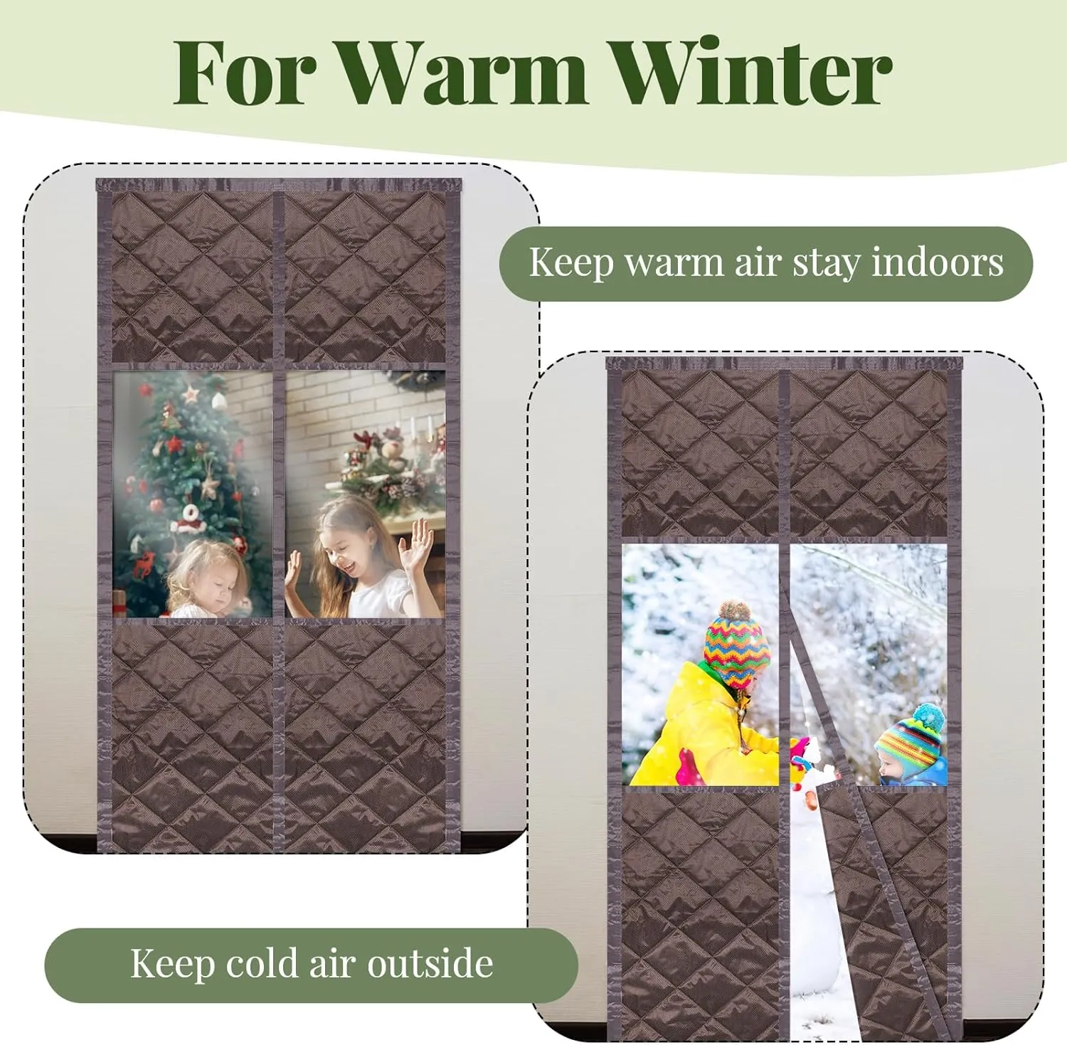 Newwiee 2 Pack Magnetic Thermal Insulated Door Curtain Winter Windproof Doorway Cover Curtain Visible Window Keep Warm Soundproof Blanket(Fits Door Size 32 x 80 Inch,Windows Brown)