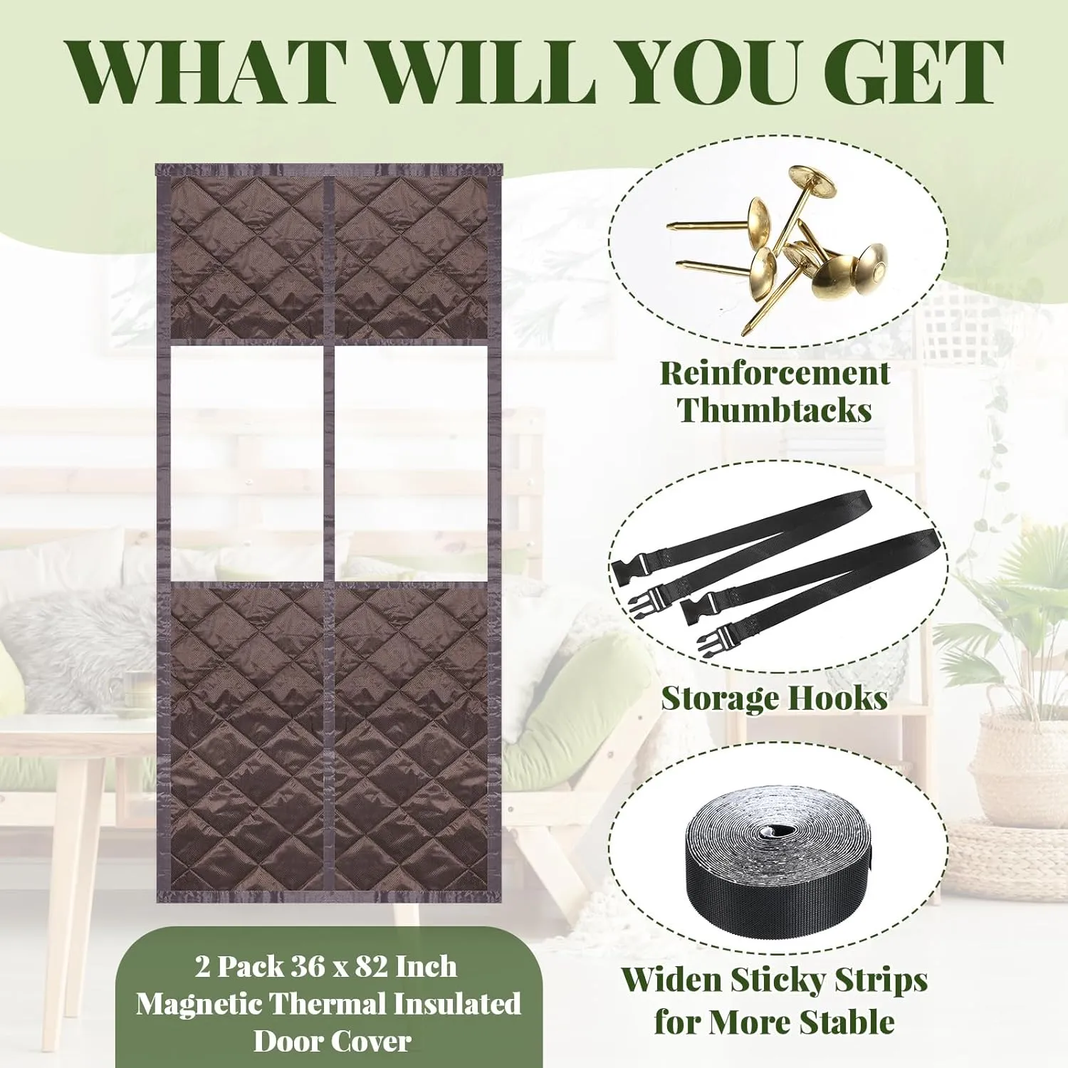 Newwiee 2 Pack Magnetic Thermal Insulated Door Curtain Winter Windproof Doorway Cover Curtain Visible Window Keep Warm Soundproof Blanket(Fits Door Size 32 x 80 Inch,Windows Brown)