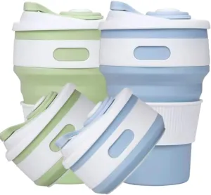 NexUp Goods 2-Pack Collapsible Coffee Cups 12oz Reusable Travel Mugs Light Blue & Green Leakproof Foldable Silicone Heat Resistant Easy to Clean Great for Camping Office and Gifts