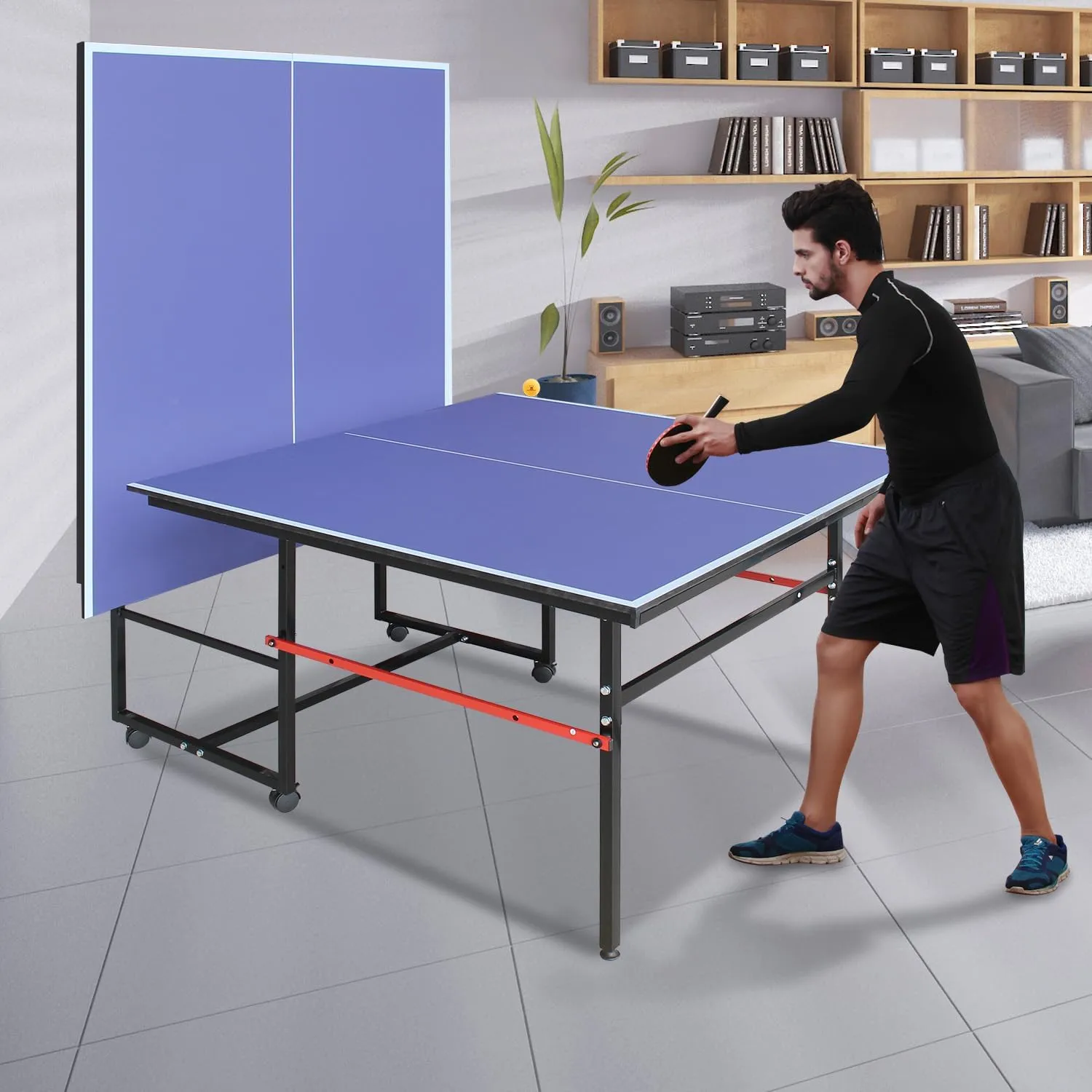 NicBex 8ft Mid-Size Ping Pong Table Foldable Set,Portable Table Tennis Table Set with Game Net,2 Table Tennis Paddles and 3 Balls for Indoor and Outdoor Games,Easy Assembly,Easy Storage,Blue Black