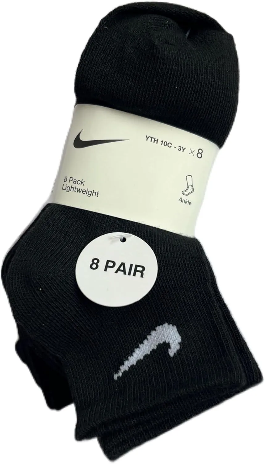 Nike Lightweight Ankle Socks 8pair, X-Small, Black and White