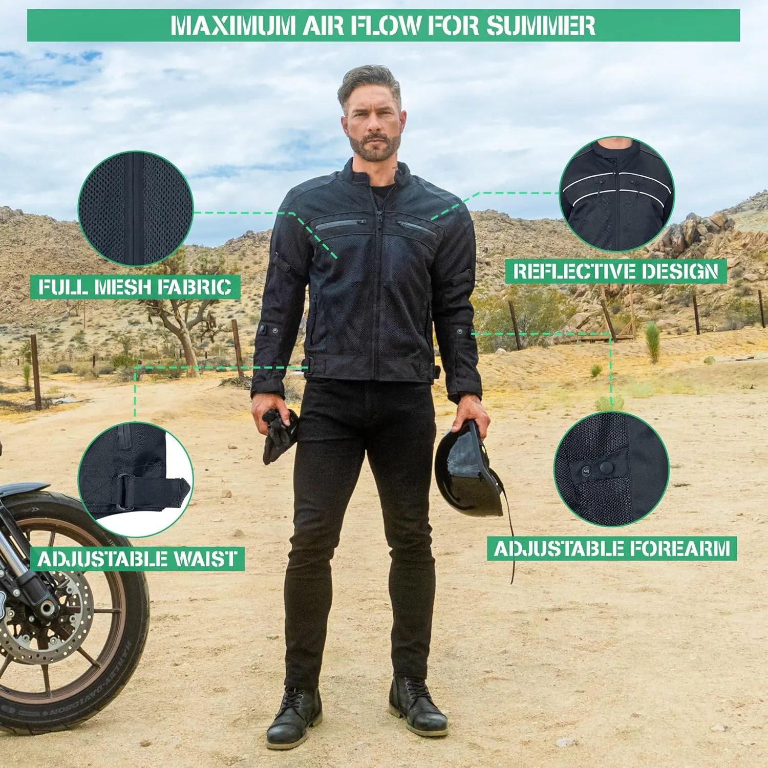 Nomad Mesh Motorcycle Jacket for Men Summer Biker Jacket Cruiser Sportsbike Enduro Hi-Viz Riding Jacket CE Armor Protection