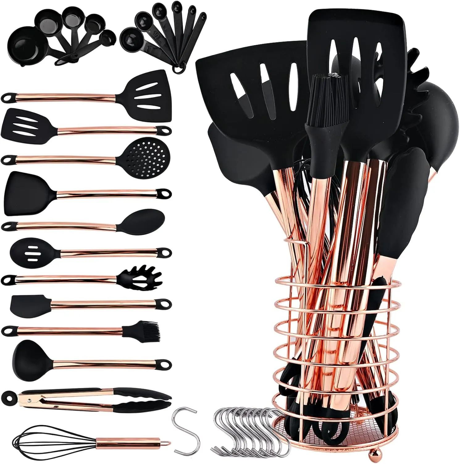 Non-stick Silicone Cooking Utensil Set with Holder, 16pcs Kitchen Utensils Set Heat Resistant Cookware Copper Stainless Steel Handle Cooking Tools Turner Tongs Spatula Spoon - Black&Rose Gold