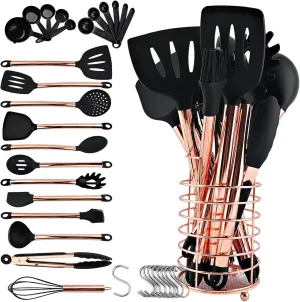 Non-stick Silicone Cooking Utensil Set with Holder, 16pcs Kitchen Utensils Set Heat Resistant Cookware Copper Stainless Steel Handle Cooking Tools Turner Tongs Spatula Spoon - Black&Rose Gold