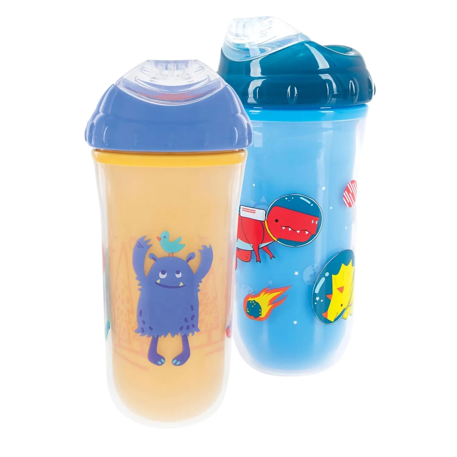 Nuby No Spill Insulated Transition Cup with Soft Rim Spout | 9 oz/ 270 ml | 2 pack: Aqua Animals & White Shapes or Blue Dinosaurs & Yellow Monsters | 18 months  