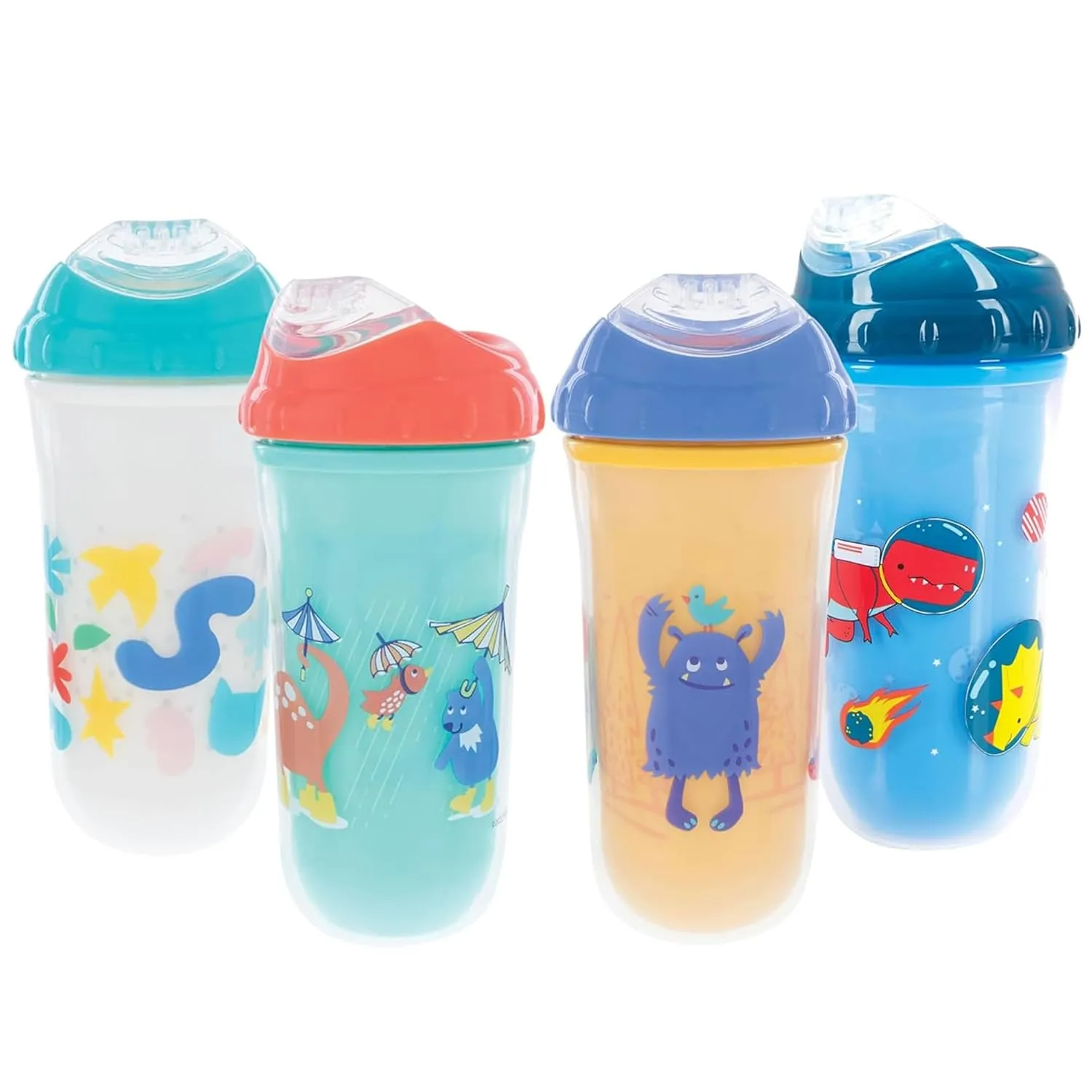 Nuby No Spill Insulated Transition Cup with Soft Rim Spout | 9 oz/ 270 ml | 2 pack: Aqua Animals & White Shapes or Blue Dinosaurs & Yellow Monsters | 18 months  
