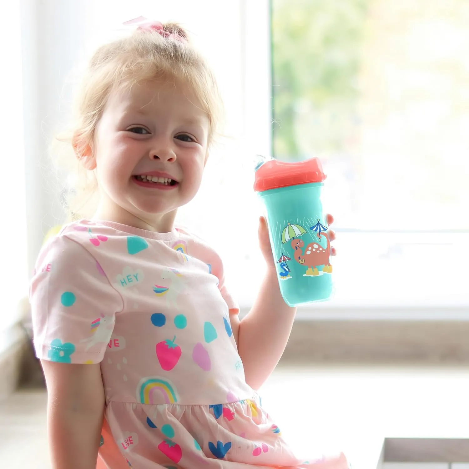 Nuby No Spill Insulated Transition Cup with Soft Rim Spout | 9 oz/ 270 ml | 2 pack: Aqua Animals & White Shapes or Blue Dinosaurs & Yellow Monsters | 18 months  