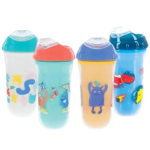 Nuby No Spill Insulated Transition Cup with Soft Rim Spout | 9 oz/ 270 ml | 2 pack: Aqua Animals & White Shapes or Blue Dinosaurs & Yellow Monsters | 18 months  