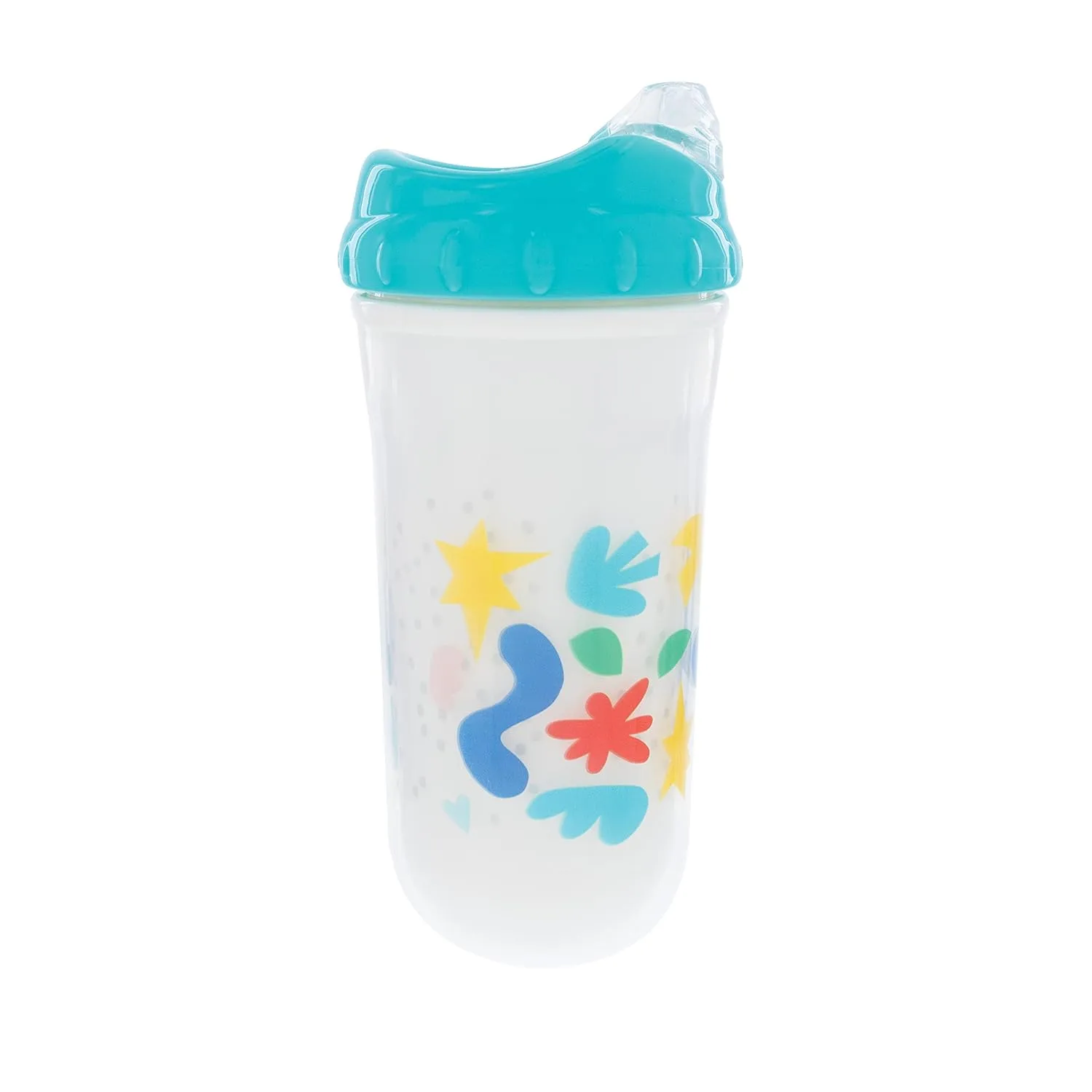 Nuby No Spill Insulated Transition Cup with Soft Rim Spout | 9 oz/ 270 ml | 2 pack: Aqua Animals & White Shapes or Blue Dinosaurs & Yellow Monsters | 18 months  