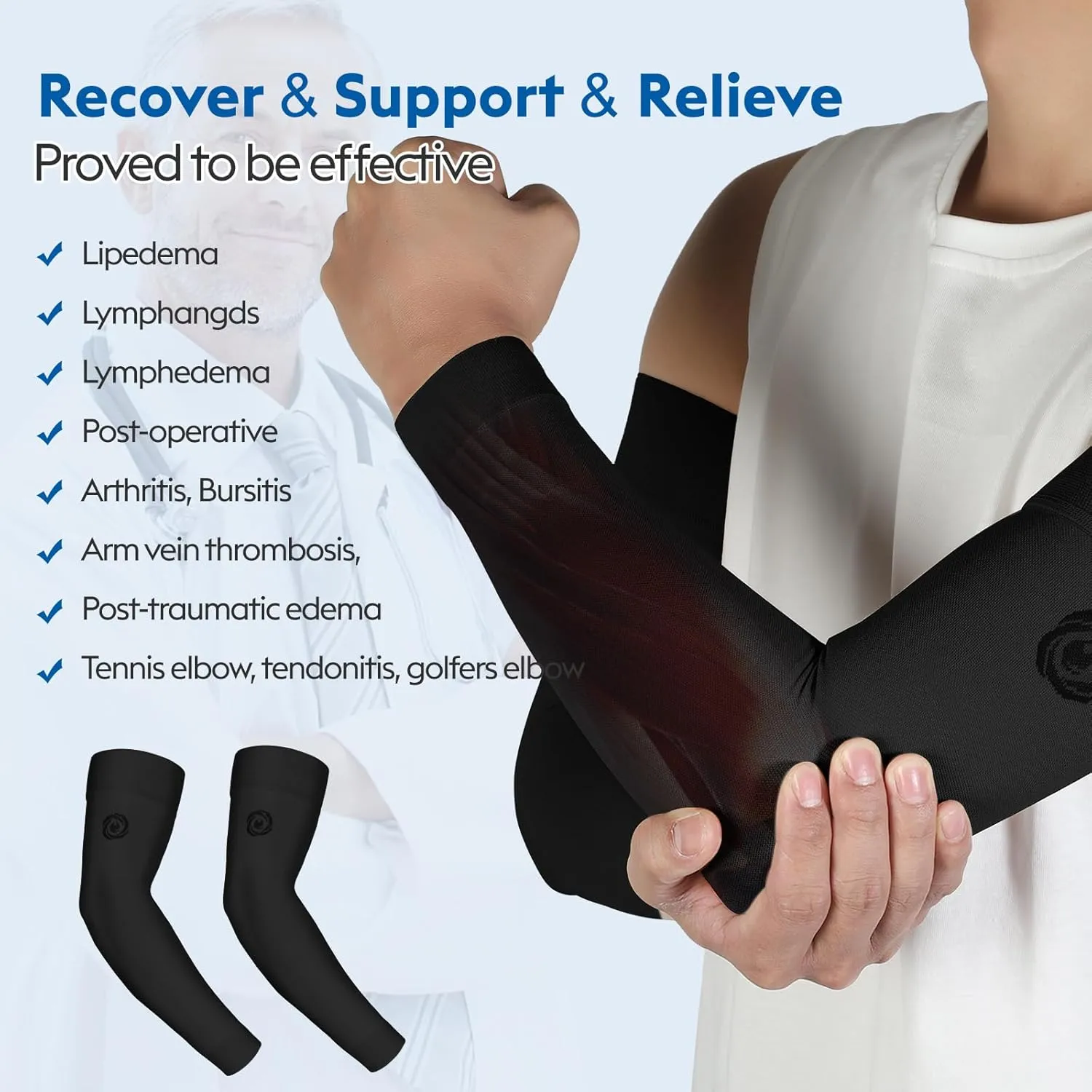 NURCOM® Medical Compression Arm Sleeve for Men Women, 2 Pack, 20-30mmHg with Silicone Band for Lymphedema, Lipedema, Pain Relief, Edema, Swelling, Post Surgery Recovery, Black 2XL
