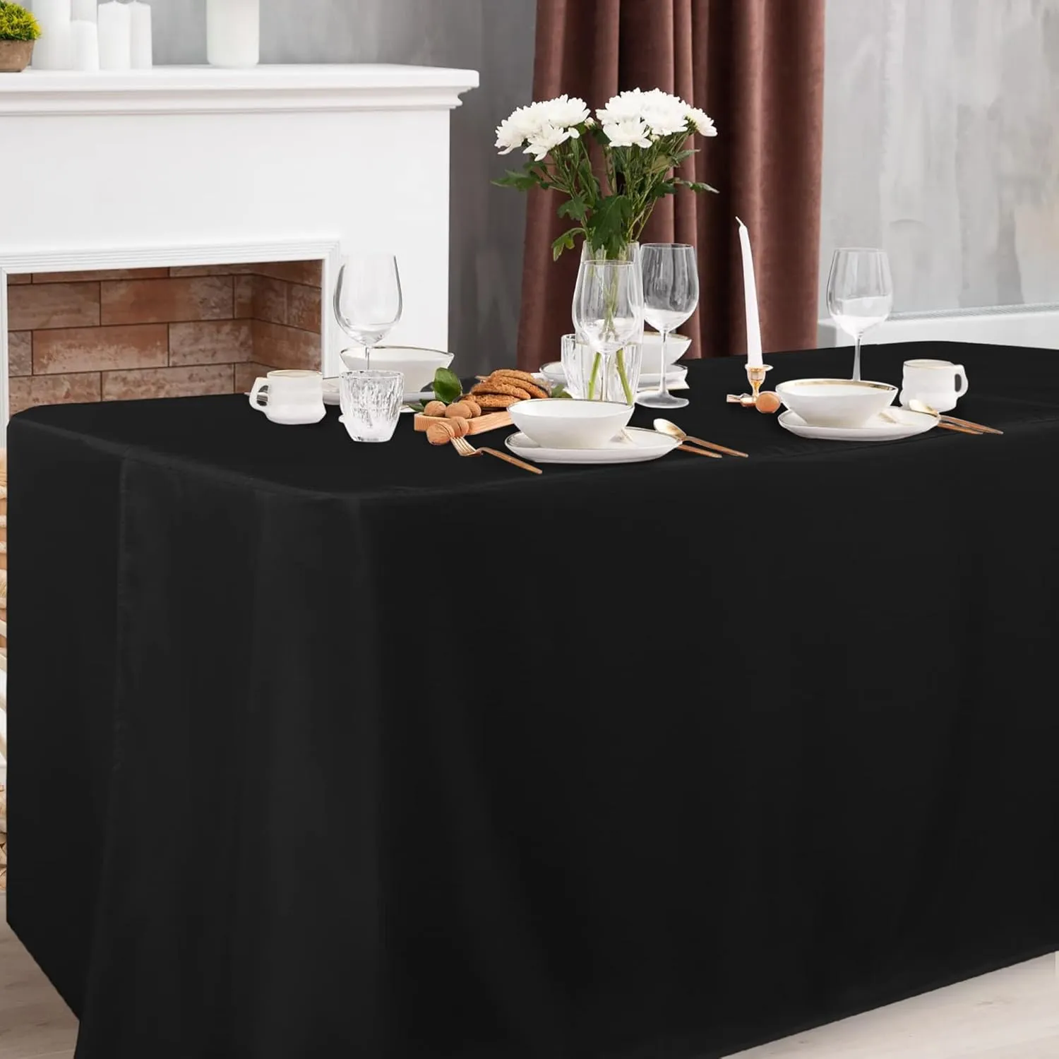Obstal 4 Pack Black Tablecloth Fitted Table Clothes for 6 Foot Rectangle Tables - Water Resistant Washable Fabric Polyester Rectangle Table Cover for Outdoor/Indoor Uses?72L x 30W x 30H Inches, Black?