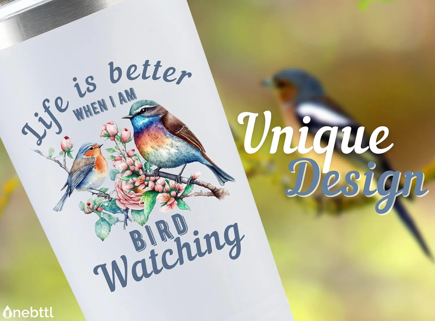 Onebttl Bird Watching Gifts - 20oz Stainless Steel Insulated Tumbler with Lid & Straw, Gift Card & Box Included for Birthday - White