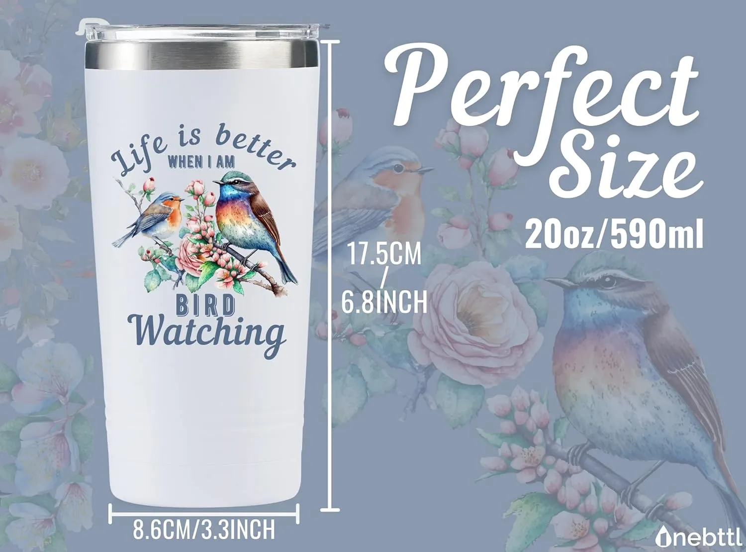 Onebttl Bird Watching Gifts - 20oz Stainless Steel Insulated Tumbler with Lid & Straw, Gift Card & Box Included for Birthday - White