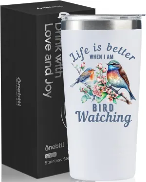 Onebttl Bird Watching Gifts - 20oz Stainless Steel Insulated Tumbler with Lid & Straw, Gift Card & Box Included for Birthday - White