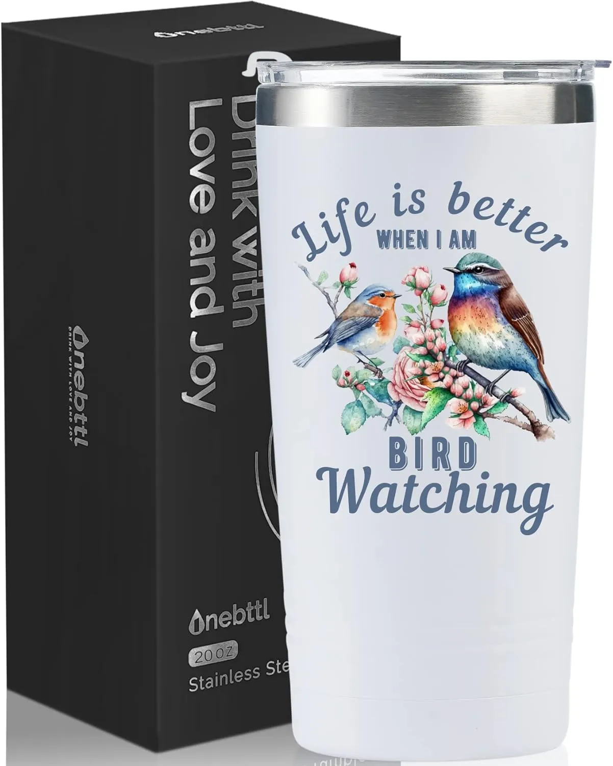 Onebttl Bird Watching Gifts - 20oz Stainless Steel Insulated Tumbler with Lid & Straw, Gift Card & Box Included for Birthday - White