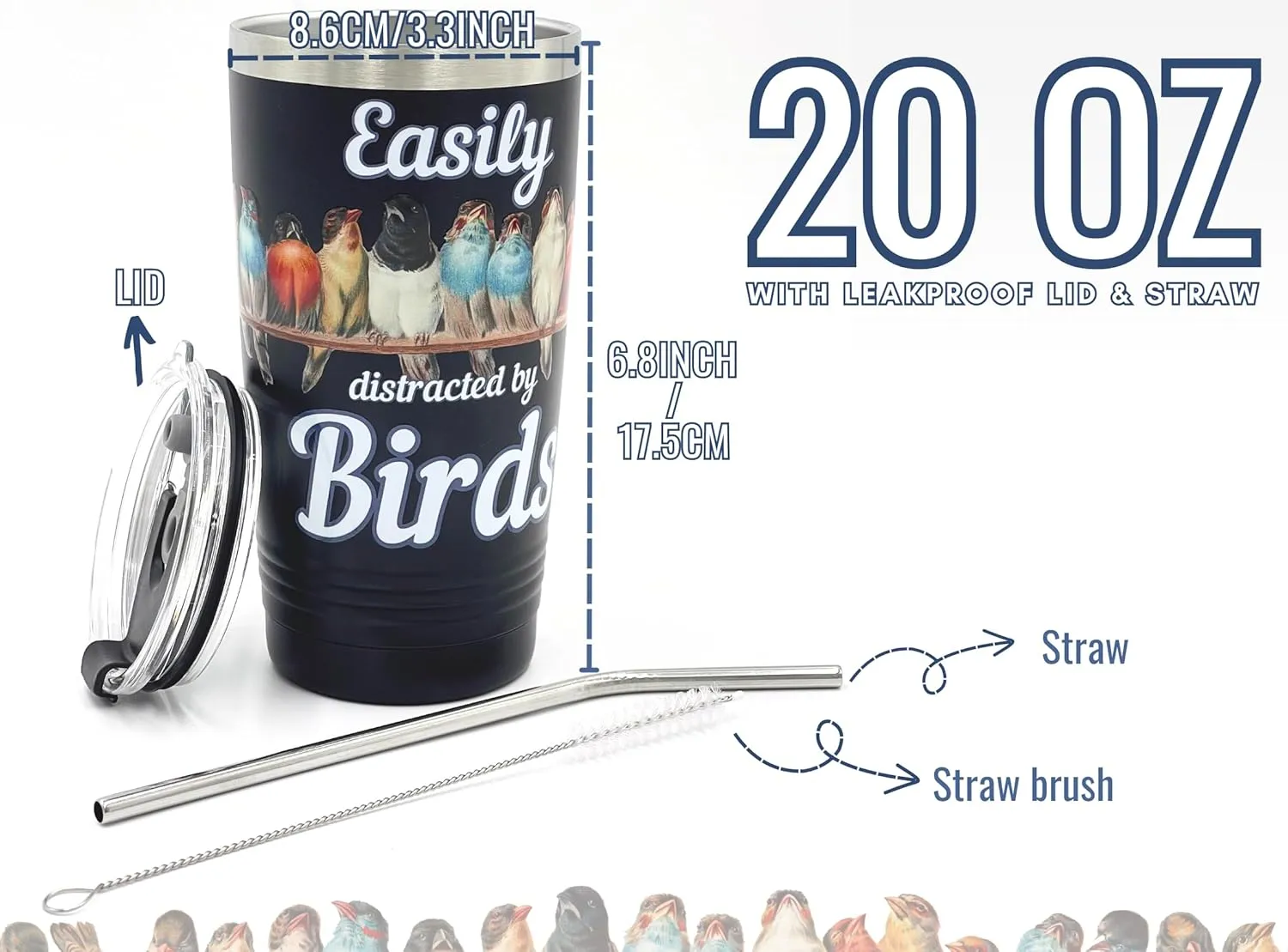 Onebttl Bird Watching Tumbler, 20oz Stainless Steel Insulated with Lid & Straw, Gift Card & Box Included, Perfect for Bird Lovers & Watchers, Birthday Gift - 360 Black