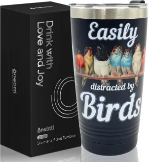 Onebttl Bird Watching Tumbler, 20oz Stainless Steel Insulated with Lid & Straw, Gift Card & Box Included, Perfect for Bird Lovers & Watchers, Birthday Gift - 360 Black