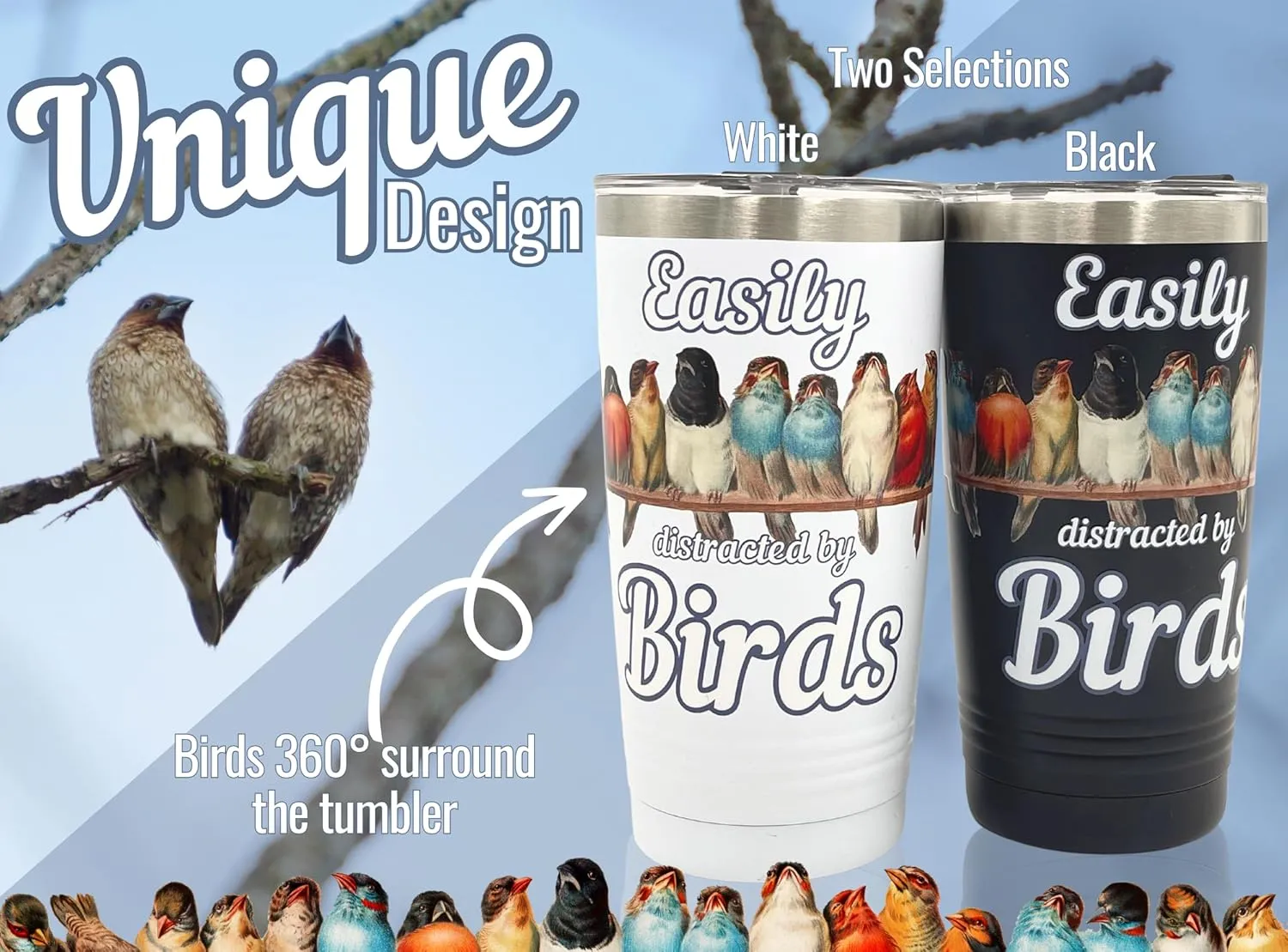 Onebttl Bird Watching Tumbler, 20oz Stainless Steel Insulated with Lid & Straw, Gift Card & Box Included, Perfect for Bird Lovers & Watchers, Birthday Gift - 360 Black