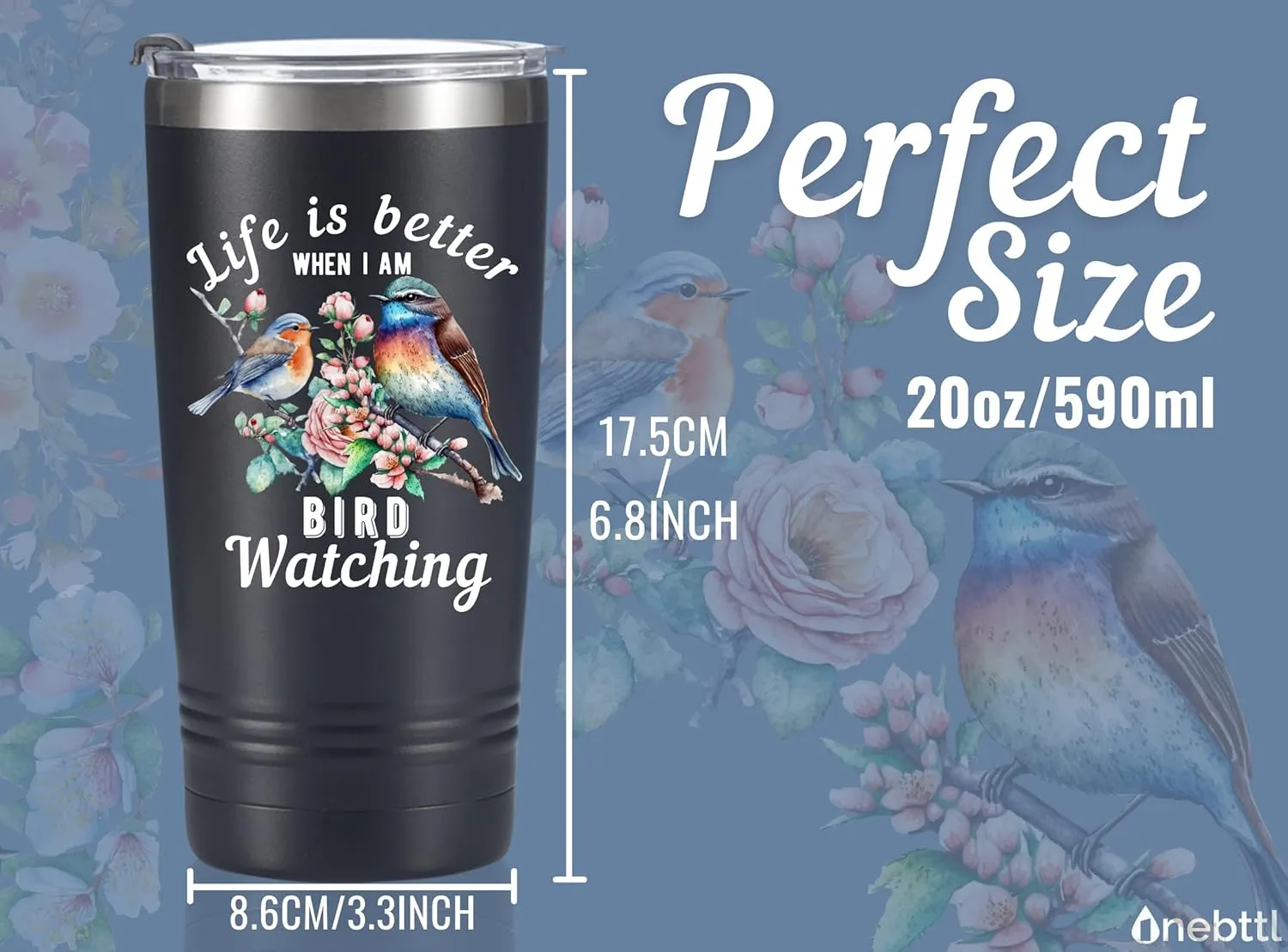 Onebttl Bird Watching Tumbler for Lovers & Watchers, 20oz Stainless Steel Insulated With Lid & Straw, Gift Card & Box Included, Best Birthday Gift - Black