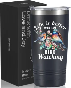 Onebttl Bird Watching Tumbler for Lovers & Watchers, 20oz Stainless Steel Insulated With Lid & Straw, Gift Card & Box Included, Best Birthday Gift - Black