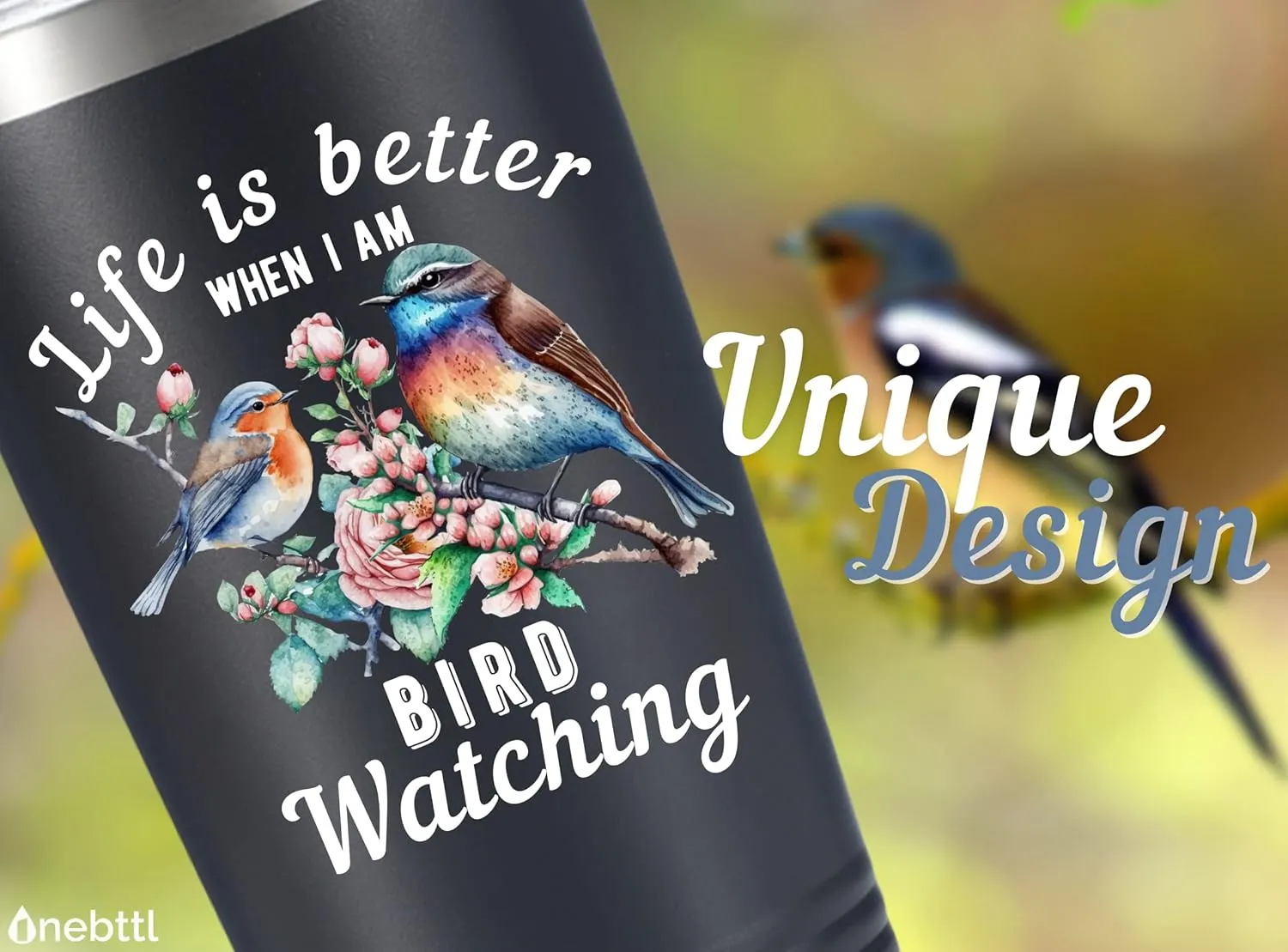 Onebttl Bird Watching Tumbler for Lovers & Watchers, 20oz Stainless Steel Insulated With Lid & Straw, Gift Card & Box Included, Best Birthday Gift - Black