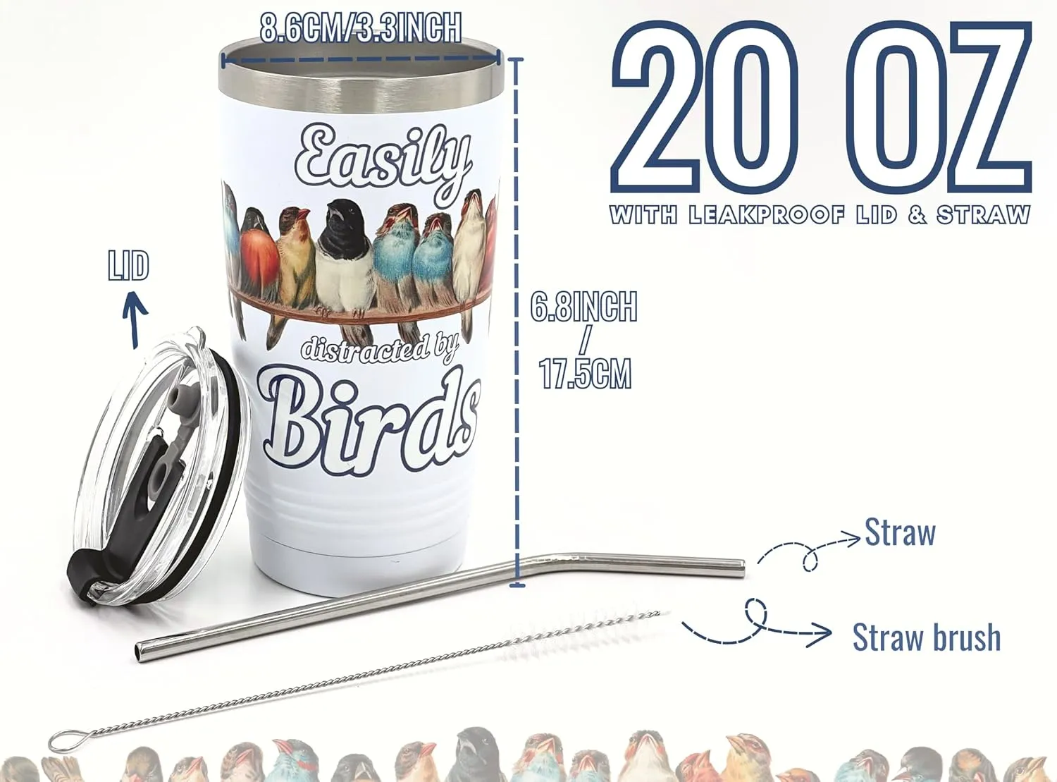 Onebttl Bird Watching Tumbler for Lovers & Watchers, 20oz Stainless Steel Insulated With Lid & Straw, Gift Card & Box Included, Birthday Gift - 360 White