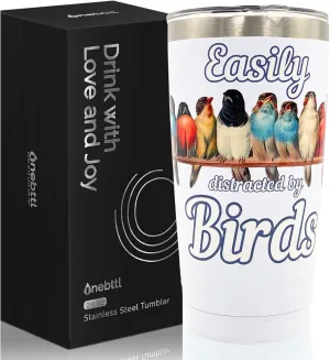 Onebttl Bird Watching Tumbler for Lovers & Watchers, 20oz Stainless Steel Insulated With Lid & Straw, Gift Card & Box Included, Birthday Gift - 360 White
