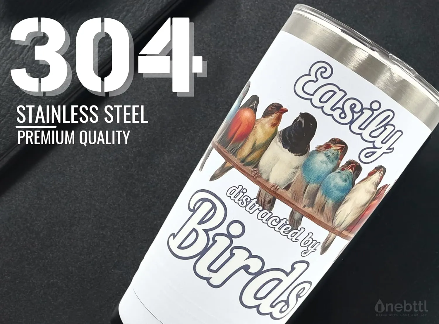 Onebttl Bird Watching Tumbler for Lovers & Watchers, 20oz Stainless Steel Insulated With Lid & Straw, Gift Card & Box Included, Birthday Gift - 360 White