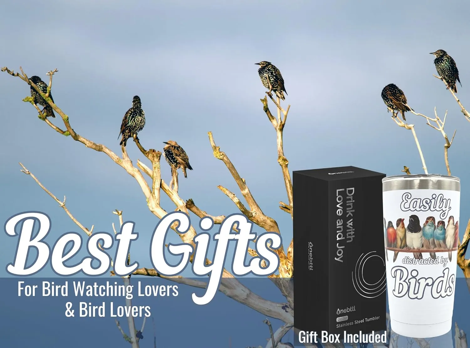 Onebttl Bird Watching Tumbler for Lovers & Watchers, 20oz Stainless Steel Insulated With Lid & Straw, Gift Card & Box Included, Birthday Gift - 360 White